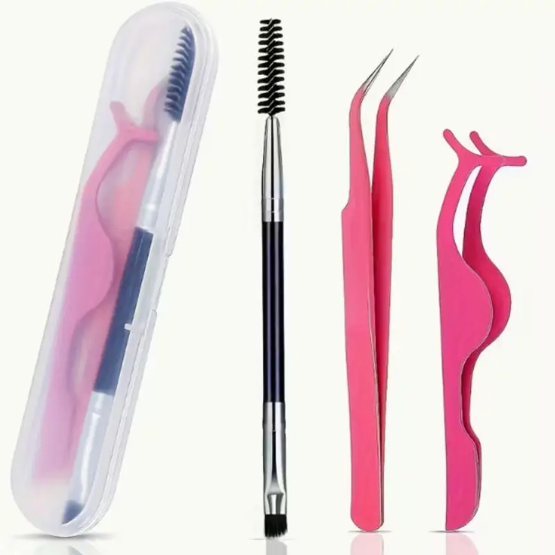 3 Pcs Eyelash Tweezers Set with Storage Box, Sharp Curved Tweezers, False Eyelash Clips, Lash Brush for Extension and Grooming, Eyelash Extension Kit, cosmetic tools, Diy Lash Tools