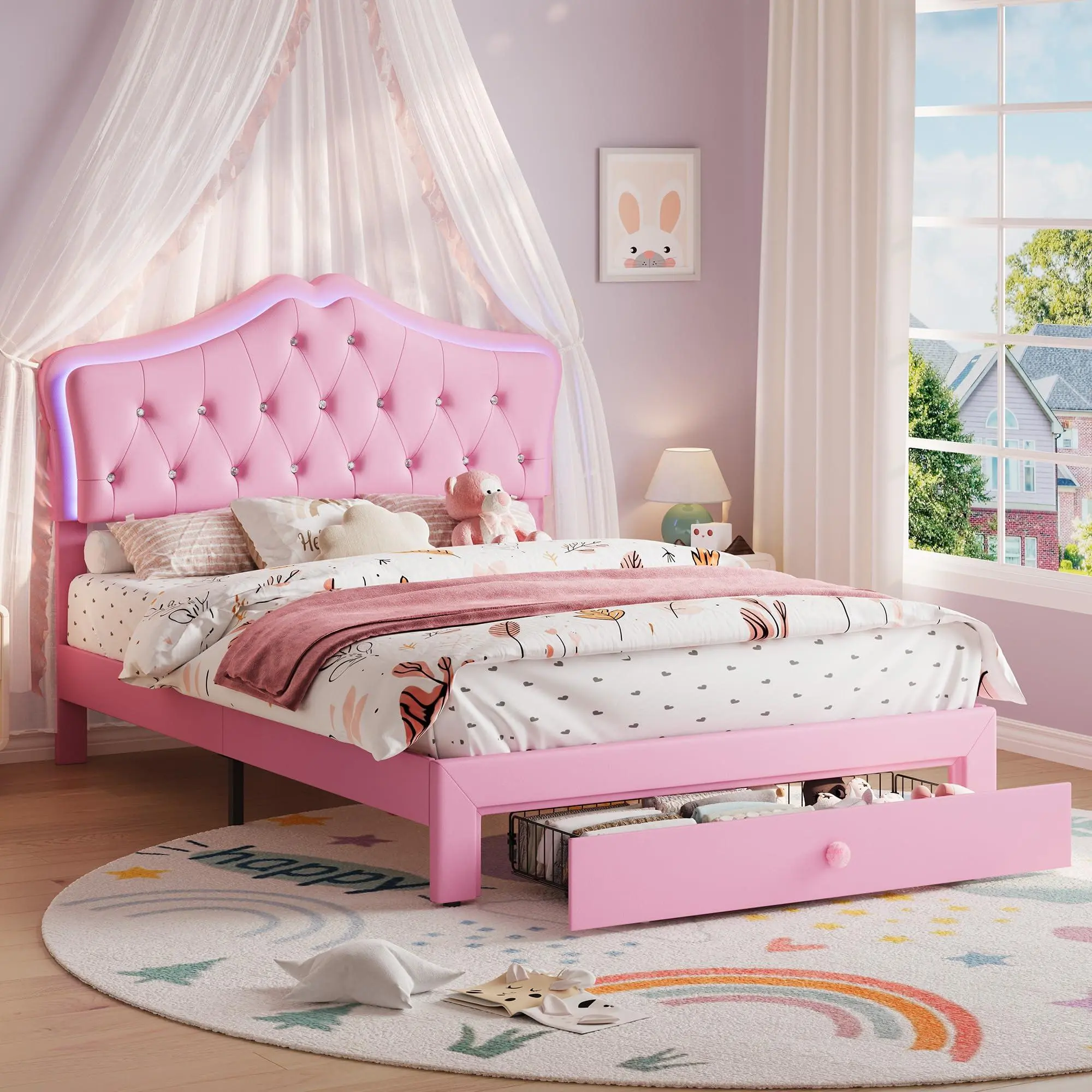 Full Size Bed Frame with LED Lights Headboard, Pink | Upholstered Boy/Girl Platform Bed, Storage Drawer, Velvet Crystal Button, Noise Free, No Box Spring Needed for Kids, Teens