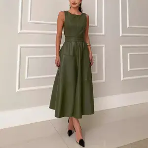 Sleeveless Olive Green PU Leather Midi Dress for All Seasons - Elegant Flared Skirt for Party Occasions 284 Ruffle Ball Gown