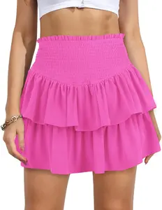 Flowy Shorts for Women Casual Ruffle Boho Tiered Skorts Mini High Waist Skirts Golf Tennis Butterfly Crochet Shorts in Vibrant Pink