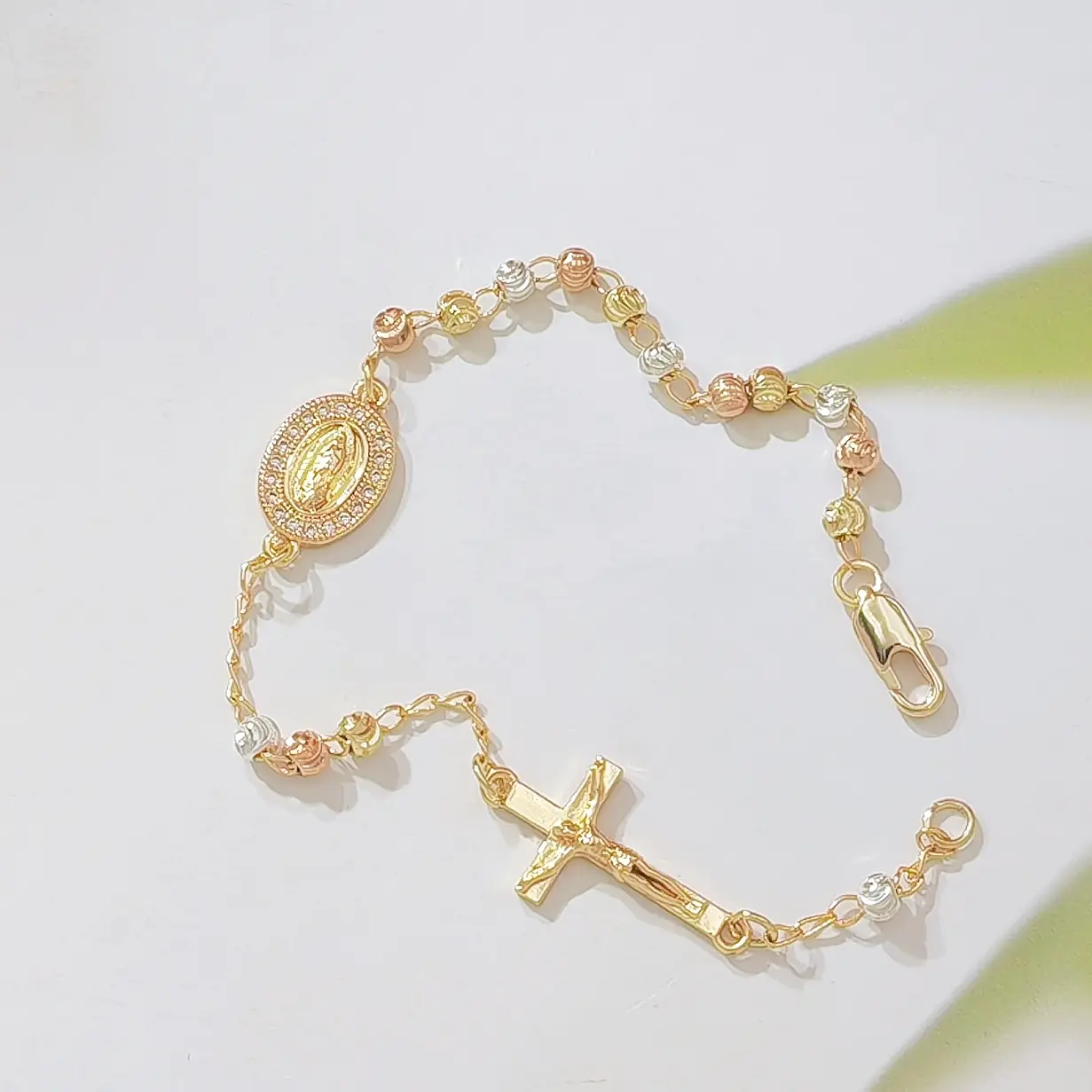 14K Gold Plated Tri-Color Rosary Bracelet for Women, Guadalupe Virgin Mary Medal & Crucifix Cross Charm, Adjustable Chain Catholic Religious Jewelry, Baptism/Confirmation Gifts