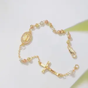 14K Gold Plated Tri-Color Rosary Bracelet for Women, Guadalupe Virgin Mary Medal & Crucifix Cross Charm, Adjustable Chain Catholic Religious Jewelry, Baptism/Confirmation Gifts