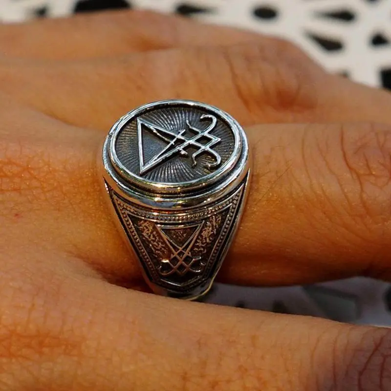 Vintage silver color Signet Sigil Of Lucifer Ring For Men Seal Of Satan Male Jewelry