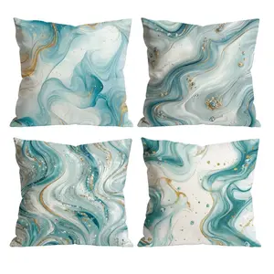 Turquoise Blue Gold Marble Throw Pillow Covers Set of 4, Luxury Alcohol Ink Cushion Cases with Crystal Accents for Living Room, Bedroom, Sofa Home Decor 0526YF