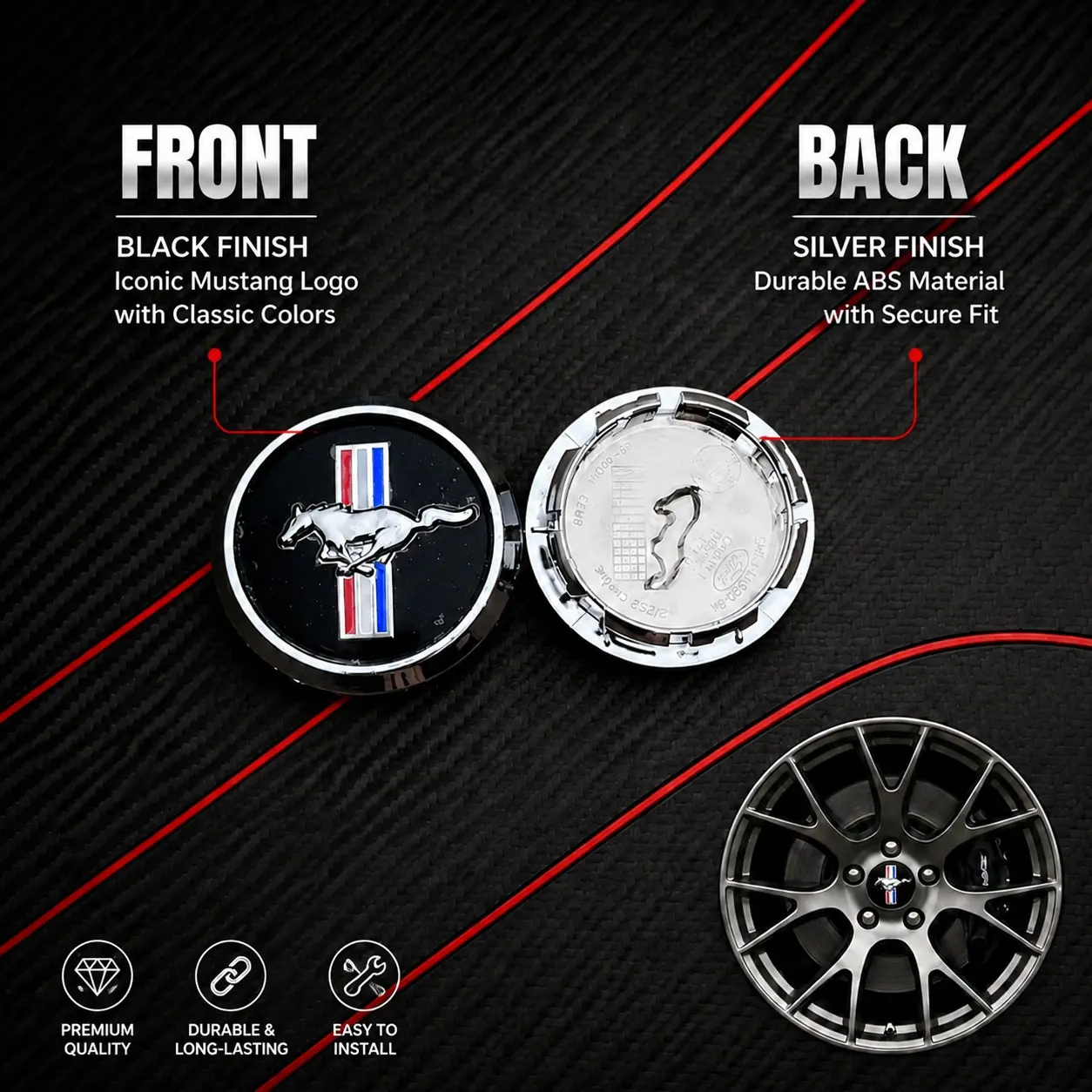 4-Pack 68mm/2.68 Inch Diagonal Wheel Center Caps, Mustang Wheel HUB Covers, 68mm Inner Diameter, 56mm Tire Center Cap Markers, Car Parts, Automotive Parts