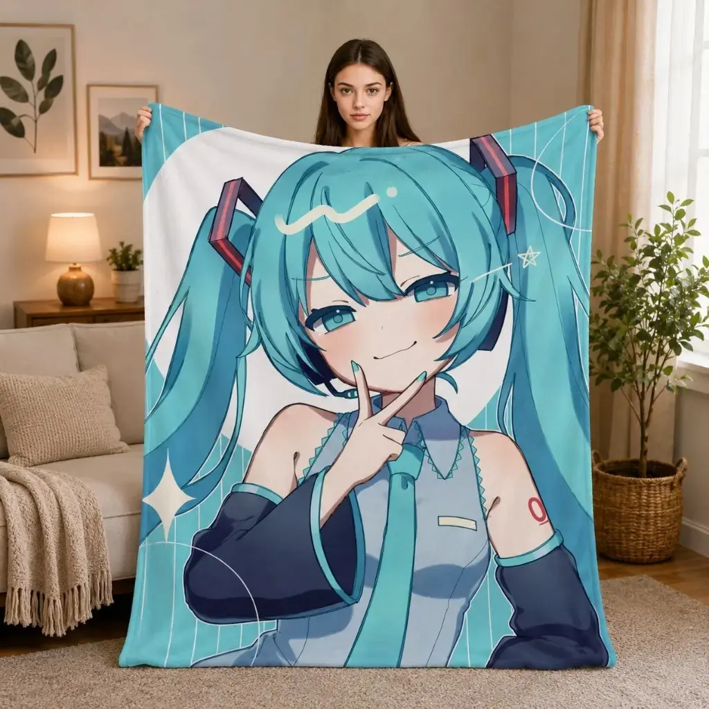 Hatsune Miku Peace Sign Teal Flannel Throw Blanket, Vocaloid Anime Character Art Design, Soft Microfiber Fade‑Resistant, Multi‑Size Cozy Warm Decorative Collectible Blanket, Perfect Birthday Christmas Gift for Anime Fans