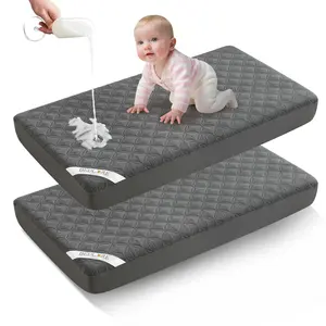 Waterproof Mattress Protector Crib, 2 Pack Soft Gray Mattress Pad, Noiseless Machine Washable Mattress Cover, Ultimate Protection for Your Baby's Crib Toddler Bed (52''x28'')