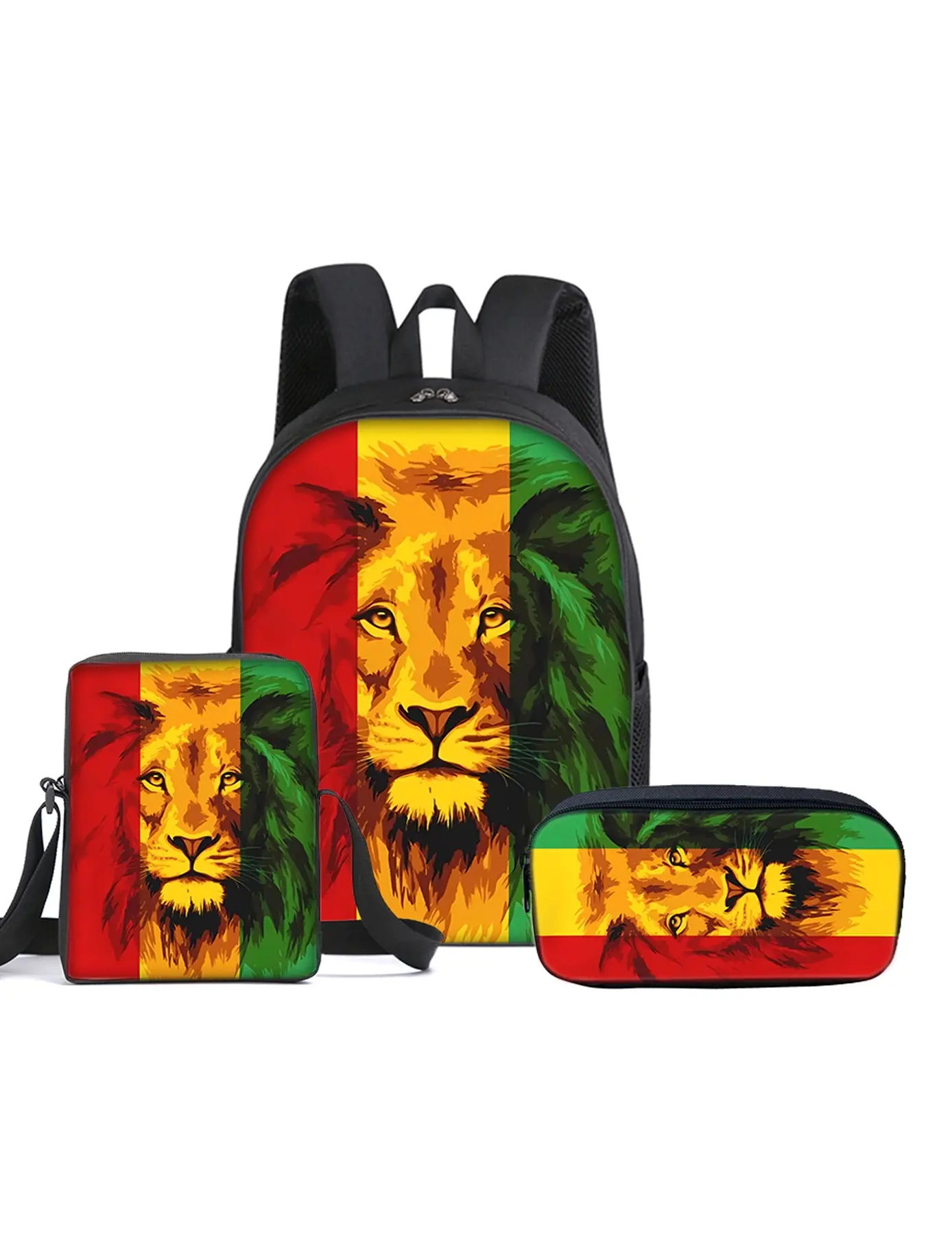 Lion pattern printed 16-inch backpack three-piece set (single-layer backpack + small shoulder bag + single-layer pencil bag)
