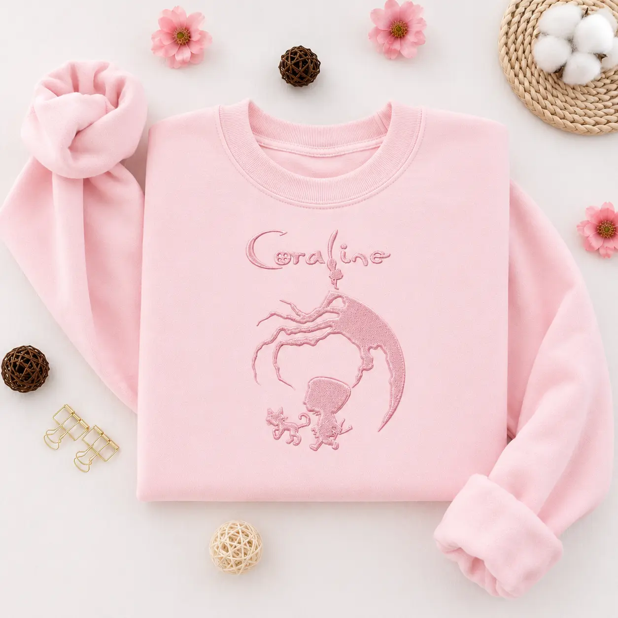 Coraline Embroidered Crewneck Sweatshirt, Coraline Movie Hoodie,  Aesthetic Sweatshirt, Gothic Cartoon Embroidery, Cozy Halloween Gift for Women