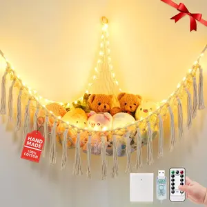 Stuffed Animal Hammock with 75 LEDs, Extra Large 55in Toy Storage Macrame Hammock, Hanging Toy Net For Kids Bedroom, Doll Room Corner Organizer, USB Plush Toy Hammock with Remote(XL)