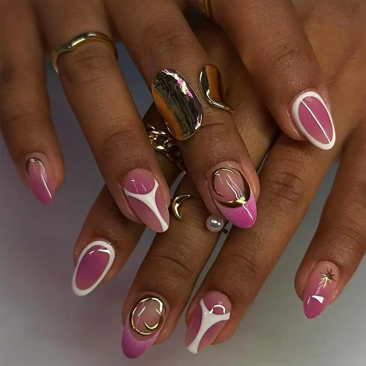 24 pieces of medium length almond press on nails gold moon stars, white irregular lines, suitable for girls and ladies acrylic press on nails with jelly glue 1 rub strip French Tip Nails, Nail Art Design, Nail Designs, Decorative Nails