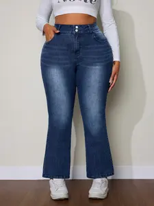 Women's Plus Size Curvy High Stretch Crop Nine-Inch Fashion Chic Casual Blue Washed Denim Jeans, Pocket Design Y2K Style, All-Season Versatile Pants