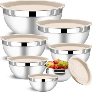 7 count Stainless Steel Mixing Bowls with  Set - Khaki Nesting Metal Mixing Bowls for Kitchen, Sizes 4.5, 4, 3.5, 2.1, 1.5, 1.1, 0.7 Qt for Baking, Cooking and Serving, Dishwasher Safe