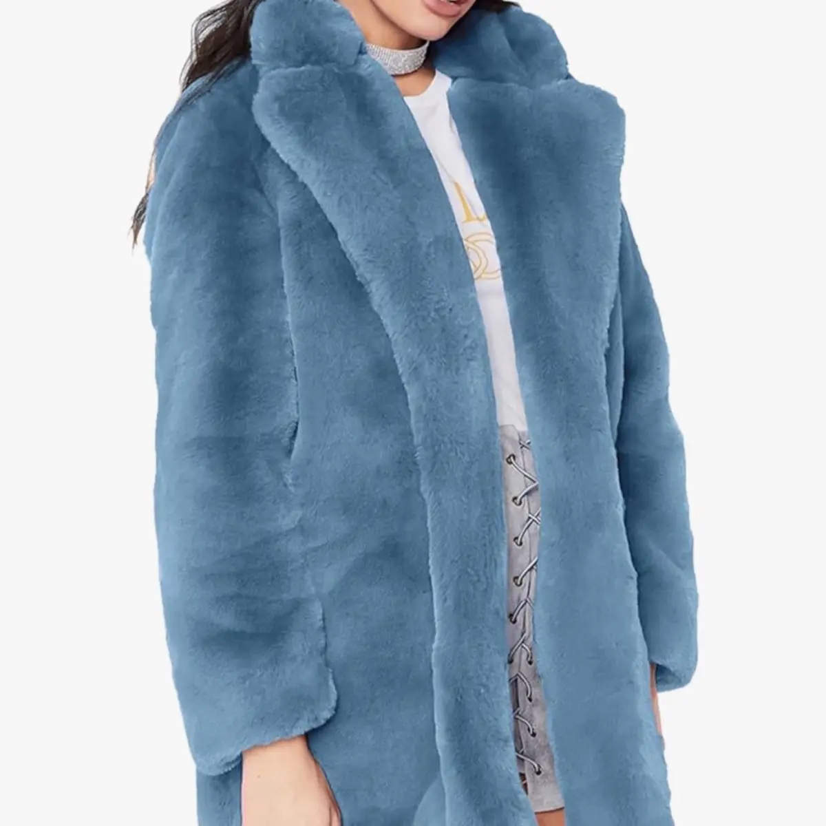 Remelon Women's Faux Fox Fur Coat Long Sleeve Overcoat with Pockets