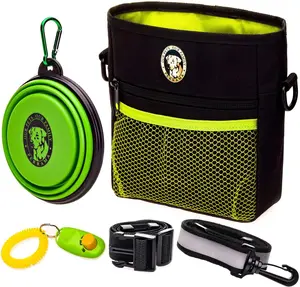 Perrama Dog Treat Pouch for Training & Walking with Poop Bag Dispenser Pro Clicker Collapsible Travel Bowl Reflective Strap Black Green Complete Kit