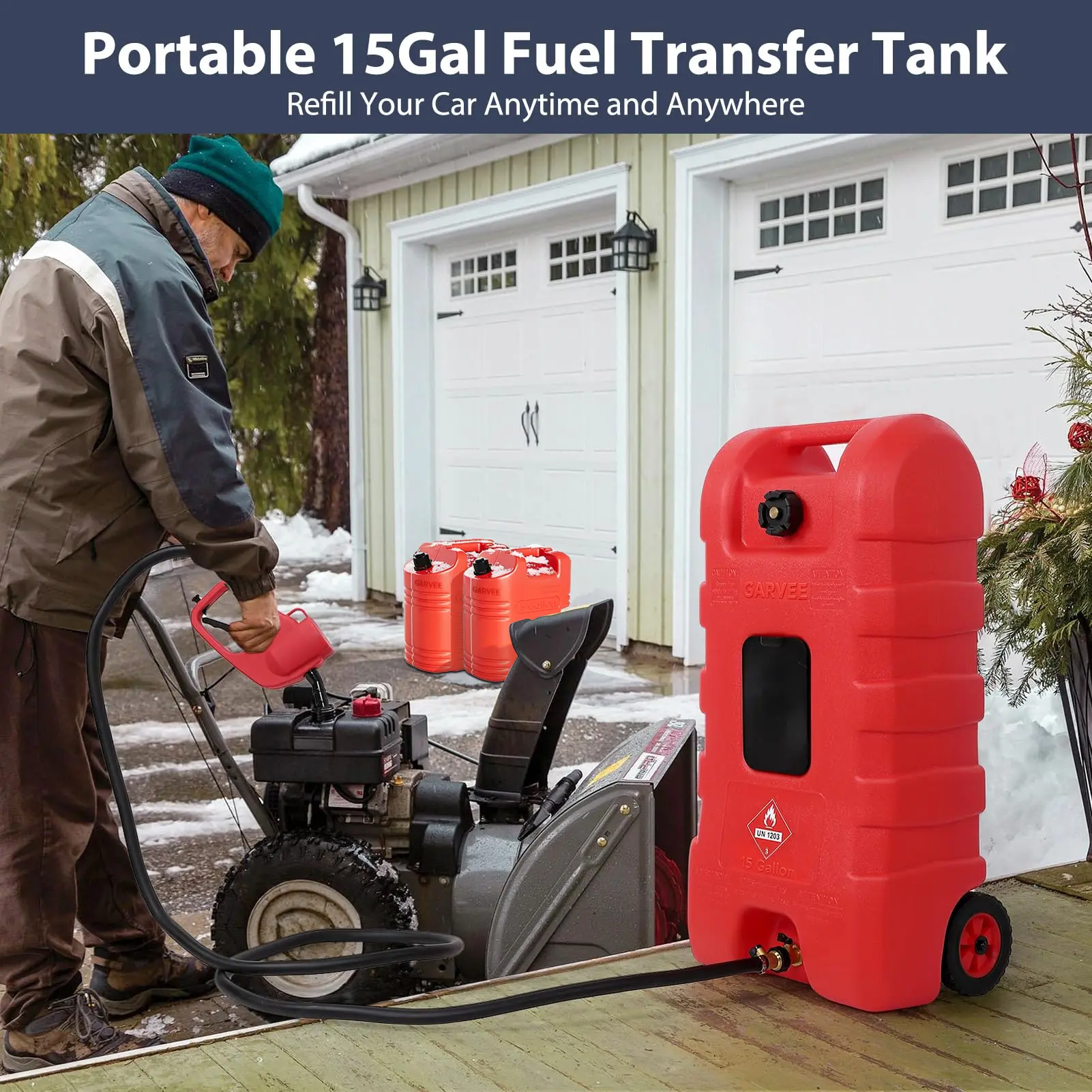 【GARVEE】 15 Gallon Portable Fuel Caddy with LE Pump & 10ft Hose for Gasoline Diesel Storage on Wheels for Cars Lawn Mowers ATVs Boats Red Yellow Gray Options - Convenience