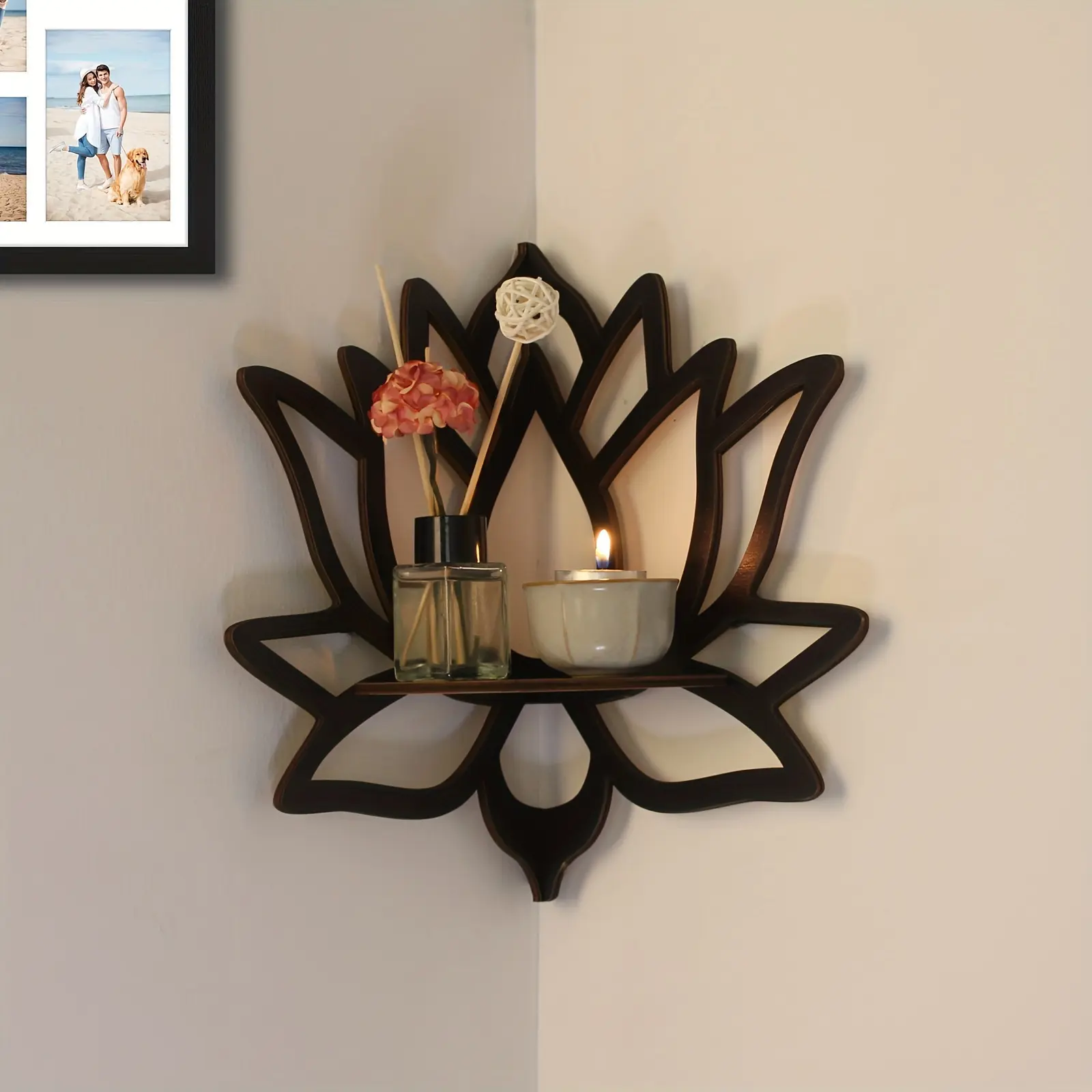 1Pc Floating Wood Lotus Flower Shape Display Stand, Corner Crystal Stone Storage Rack for Plants, Flowers, Toys, Aromatherapy Candles, Home Storage Organization for Corridor, , Christmas Decoration, Wall Decoration, Beauty Room Decoration Shelves Wooden