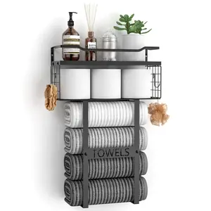 Bathroom Organizer Towel Rack with Floating Shelf - Maximize Storage Space - Sturdy Metal & Wood Construction - Easy Installation - Perfect for Small Bathrooms