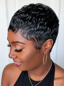 Short Layered Human Hair Pixie Cut Wig Straight With Bangs Full Machine Made Lightweight for Summer Daily Wear