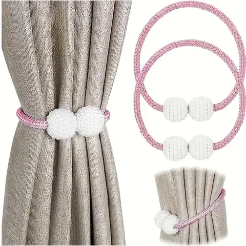 Practical Durable Foldable 2-Pack Striped European Classic Polyester Magnetic Curtain Tie Backs with Imitation Pearl Balls - Nylon/Stainless Steel, Adjustable, Lightweight, Small for Storage, Easy Fast Fix, Bathroom Kitchen Home Accessories