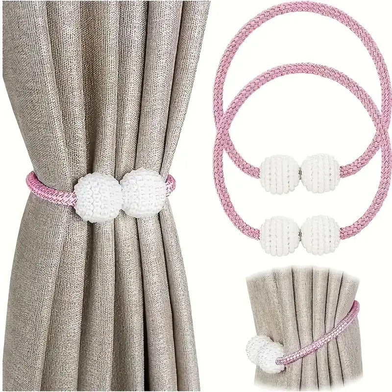 Practical Durable Foldable 2-Pack Striped European Classic Polyester Magnetic Curtain Tie Backs with Imitation Pearl Balls - Nylon/Stainless Steel, Adjustable, Lightweight, Small for Storage, Easy Fast Fix, Bathroom Kitchen Home Accessories