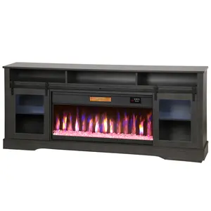 Gray Modern Fireplace TV Stand for TVs Up to 80 in, 26 in Electric Fireplace Insert, Open Media Shelves, Side Cabinets, Adjustable Flame Effect, Remote Control Entertainment Center for Living Room, Bedroom