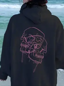 Women's Halloween Skull Print Drop Shoulder Long Sleeve Drawstring Thermal Lined Hoodie, Fashion Casual Pocket Hooded Sweatshirt for Daily Holiday Outdoor Wear, Women Clothing for Fall & Winter