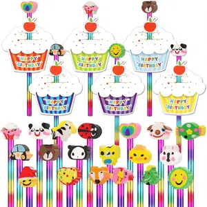 144 Pcs Happy Birthday Pencils Set for Kids Include 48 Tie Dye Rainbow HB Pencils 48 Cute Erasers Toppers 48 Colorful Greeting Cupcakes Cards for School Students Birthday Gifts Party Supplies