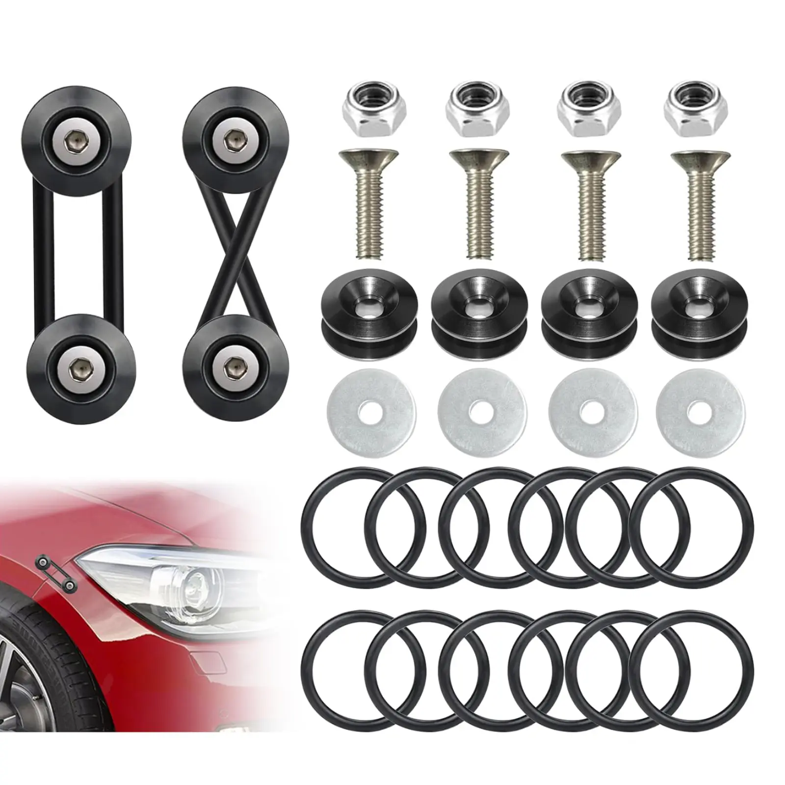 Automotive Front Rear Bumper Quick Release Tool Set of 28, Universal Bumper Clips, Bumper Holders for Cars (4 Black Bumper Quick Release Tabs and 12 Customized NBR O-Rings)