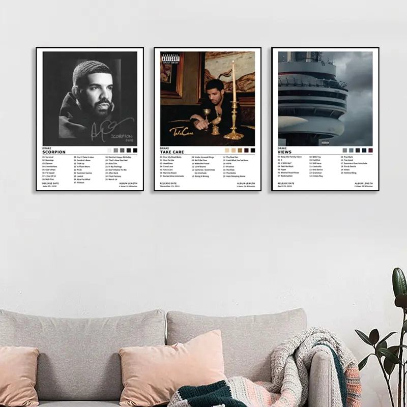 3-piece Drake/SCORPION/Take Care/Views music album cover canvas poster set, hip-hop R&B style, suitable for music lovers, modern art decor, bedroom and home office wall decoration, music room decoration, frameless.