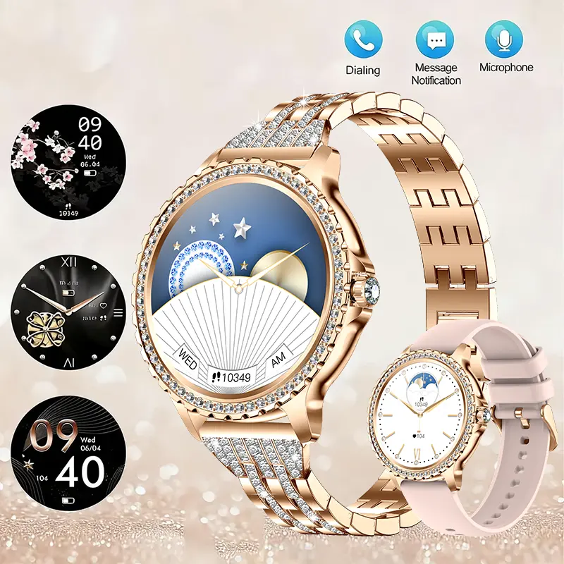 Rose Gold Diamond Women’s Smart Watch IP68, 1.32” HD Touchscreen, Diamond-Studded Dial and Strap, Bluetooth Call Smart Watch for Women, Sleep Monitor, Step Tracker, 100+ Sports Modes, Extra Band