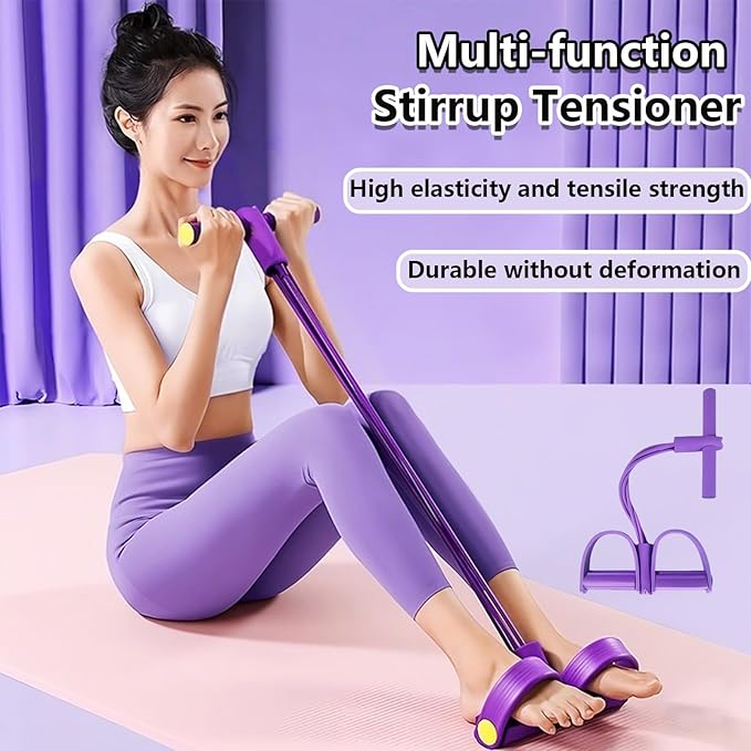 Multifunctional Pedal Resistance Band, 4-TubeStretch Band with Handle, Fitness ShapingYoga Exercise Equipment, Natural RubberTension Rope, for Abdominal, Leg, Arm, BackSlimming Training（Purple）