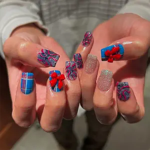 24 pcs of long square press on nails gift box Spring summer Klein blue red plaid ghost horse girl bright face streamer Red bow Thin shiny face stripe smudding mix and match girl gift, banquet style fake nails with jelly glue 1 piece file strip 1