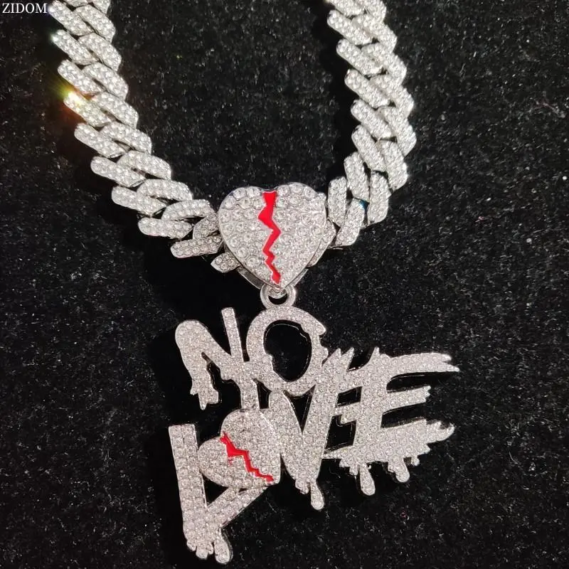 Male 14mm Iced Out Cuban Link Necklace - Hip Hop Costume Jewelry with "No Love" Heart Pendant, Sparkling Rhinestones, Chain & Link Design for Daily Wear, Hip Hop Heart Look
