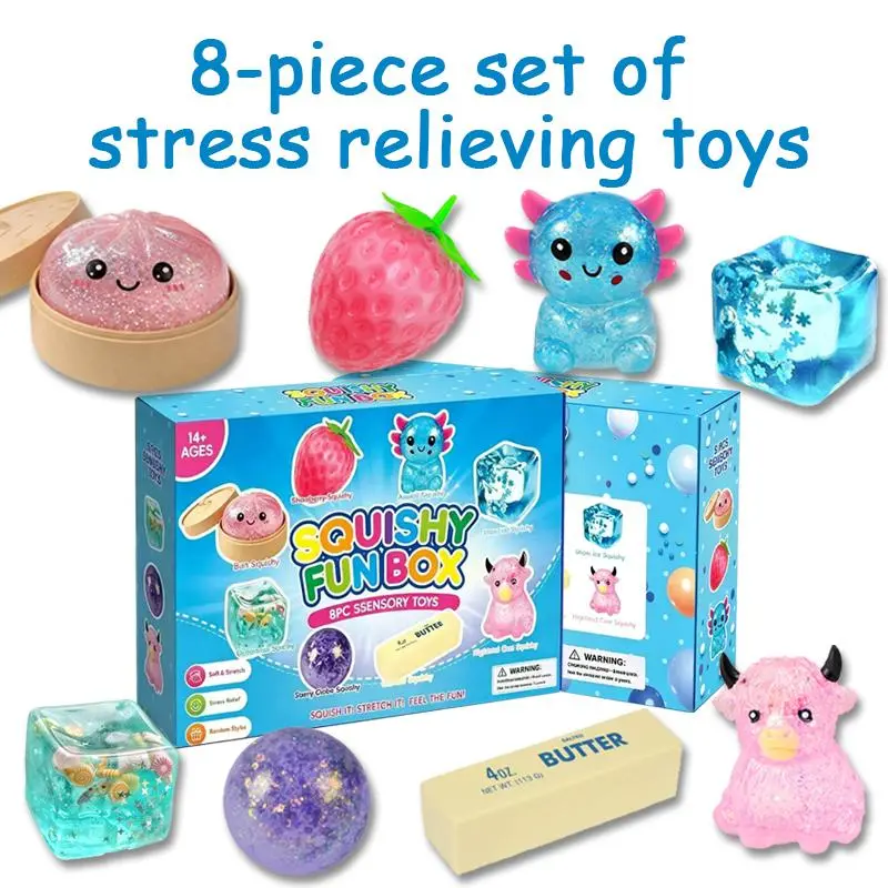 8-Piece Malt Sugar Squishy Kit, Boxed Slow-Rising Stress Relief Fidget Toys, Sensory Squishies Assorted Styles Bundle for Kids Party Favors & Gifts