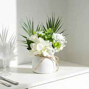 1pc Artificial Plant White Rose Hydrangeas, Artificial Flower Arrangements, Artificial Faux Flowers, Paired with Palm Leaves and Eucalyptus, perfect for Valentine's & Wedding Decor, 9.8-inch Potted Artificial Flower with Pot Included, Home Decor