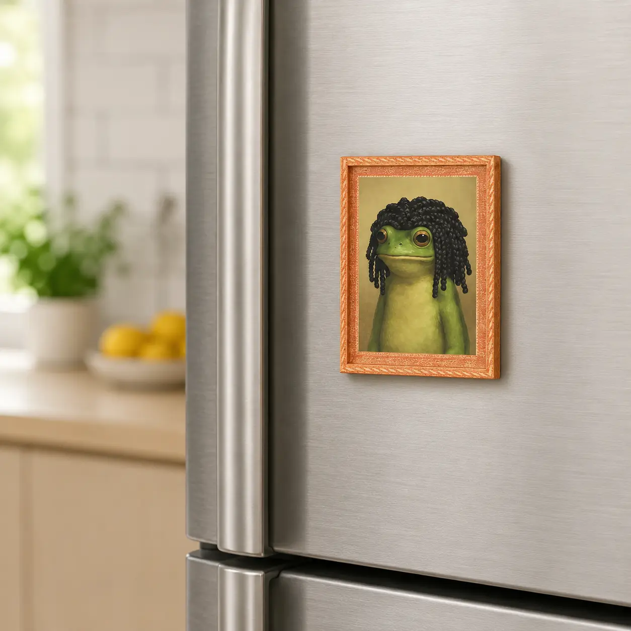 Funny Dreadlocks Frog Wooden Fridge Magnet Humorous Frog with Curly Hair Refrigerator Magnet Cute Kitchen Decor