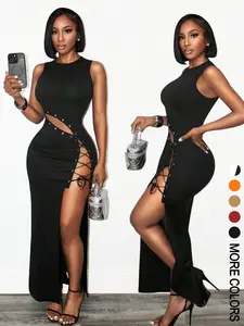 Sexy Women's Sleeveless Cross Tie Design Dress, Slim-Fitting Long Dress with Split Thigh for Special Occasions, Elegant Evening Wear