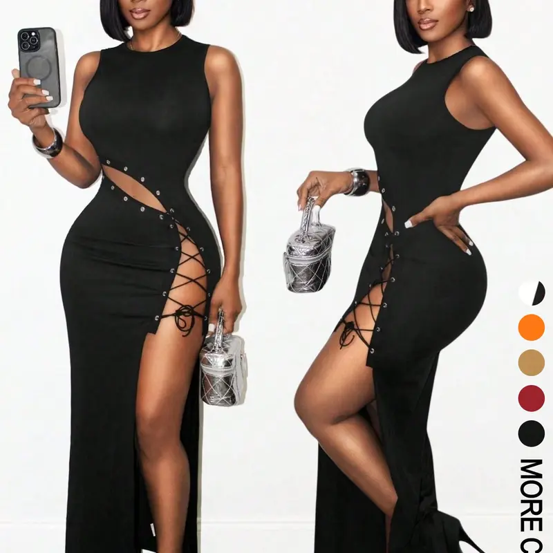 Sexy Women's Sleeveless Cross Tie Design Dress, Slim-Fitting Long Dress with Split Thigh for Special Occasions, Night Out Dress, Elegant Evening Wear, Formal Wear, Slit, Elegant Knit Dress, Bodycon Evening Dress