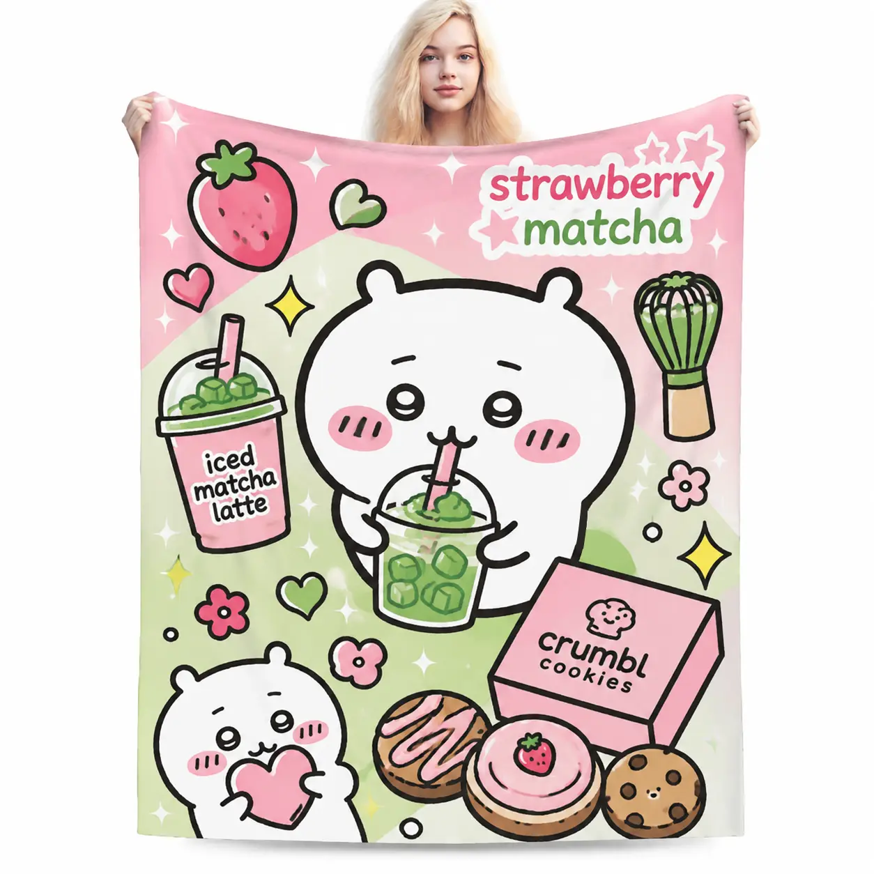 Chiikawa Usagi Strawberry Matcha & Crumbl Cookies Flannel Throw Blanket, Kawaii Anime Foodie Cozy Throw for Chiikawa & Matcha Lovers, Throw Blankets,summerwins cooling