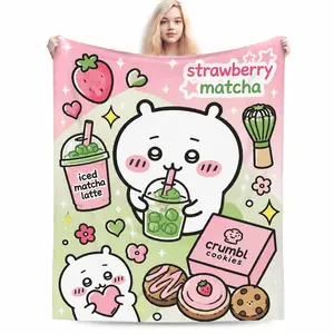 Chiikawa Usagi Strawberry Matcha & Crumbl Cookies Flannel Throw Blanket, Kawaii Anime Foodie Cozy Throw for Chiikawa & Matcha Lovers, Throw Blankets,summerwins cooling