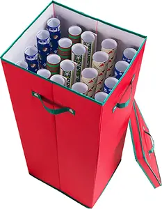 Wrapping Paper Storage Box- Holds 20 Rolls of 30” Gift Wrap-Upright Container with Lid, Dividers & Handles-Christmas & Birthday Wrap (Red)