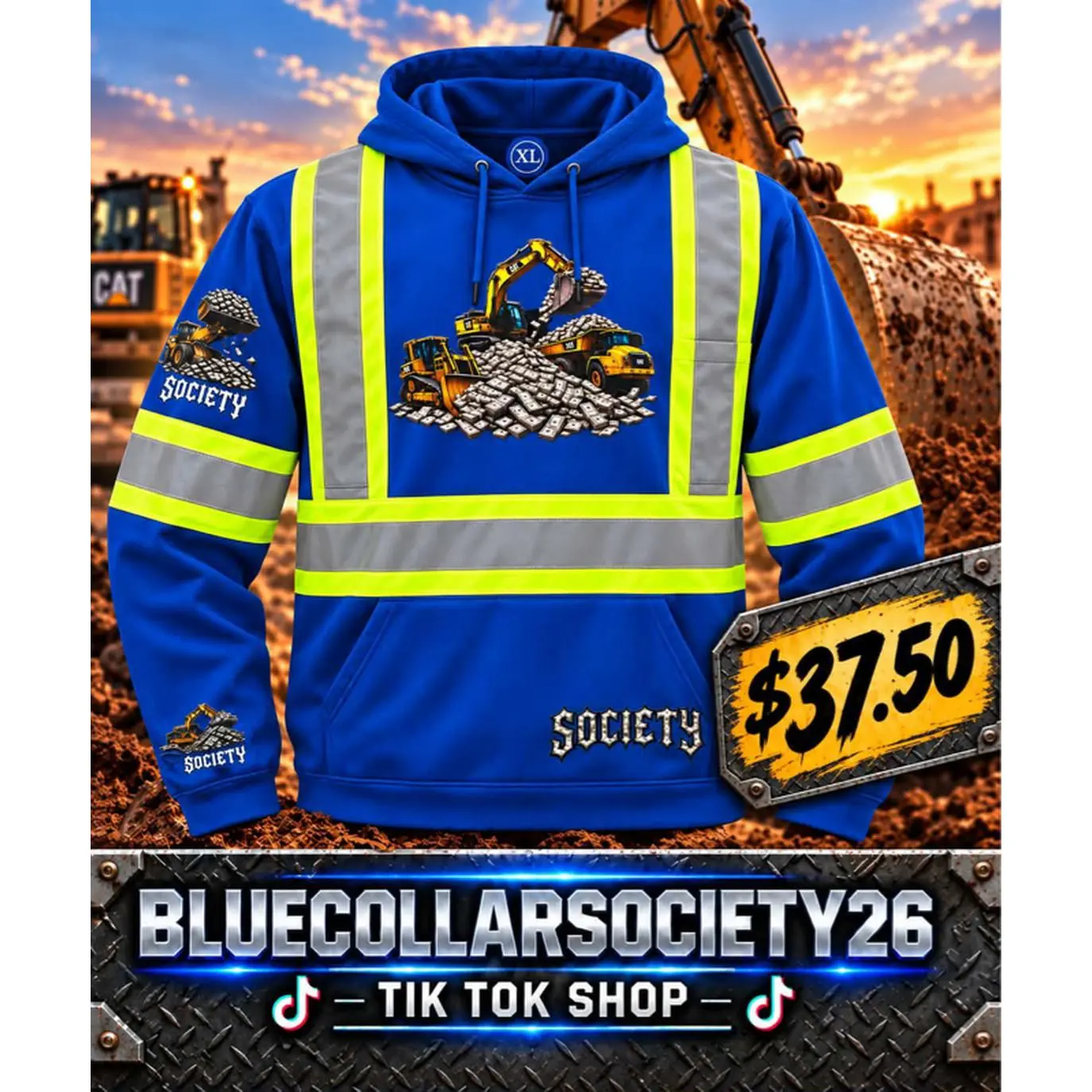 BlueCollarSociety26 Blue Construction Hoodie with Reflective Stripes and Excavator Design for Men