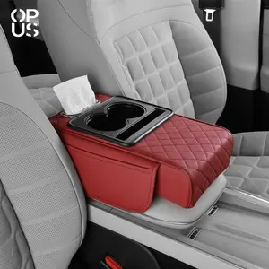 OPUSPORT｜5-in-1 Car Center Console Cover, Multifunctional Embossed PU Leather Arm Rest Cover with Cup Holder/Phone Holder/Pocket/Tissue Holder, Height Enhancement Car Armrest Cushion for Most Cars Christmas Gift New Year Holiday Present