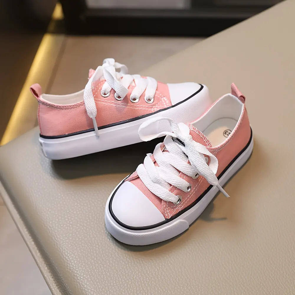 Kids' Low-Top Canvas Sneakers - Breathable Inner Perforation, Durable Rubber Sole, Lightweight & Comfortable, Black/White/ Pink, Lace-Up Design for Boys & Girls, Casual Spring Shoes |         Laceup Sneakers |         Canvas Upper Sneaker