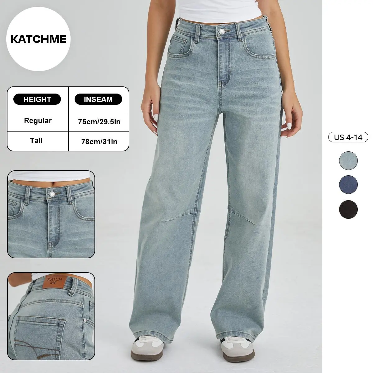 KATCH ME Women's Vintage Mid-Rise Stretchy Denim Wide Leg Jeans - Streetwear Bottoms with Pockets, Dart Seam Detail, Simple Fits, Elevated Basics Pants, Minimalist, Trouser, Baggy Wide Leg Jeans, Washed Jeans