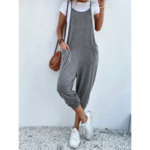 Plus Solid Dual Pocket Keyhole Neckline Cami Jumpsuit Without Tee, Casual Sleeveless Jumpsuit For Spring & Summer & Fall, Women's Clothes For Daily Wear exercise jumpsuit romper Womenswear