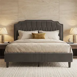 Height Adjustable Headboard Upholstered Bed Frame, Wooden Slat Support, Sturdy Platform Bed, Full/Queen Size, Dark Gray, No Box Spring Required