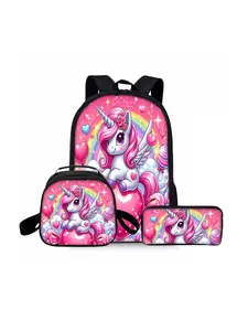 Unicorn pattern printed 17-inch backpack three-piece set (single-layer backpack + round lunch bag with shoulder strap + single-layer pencil case) Cute Versatile Backpack