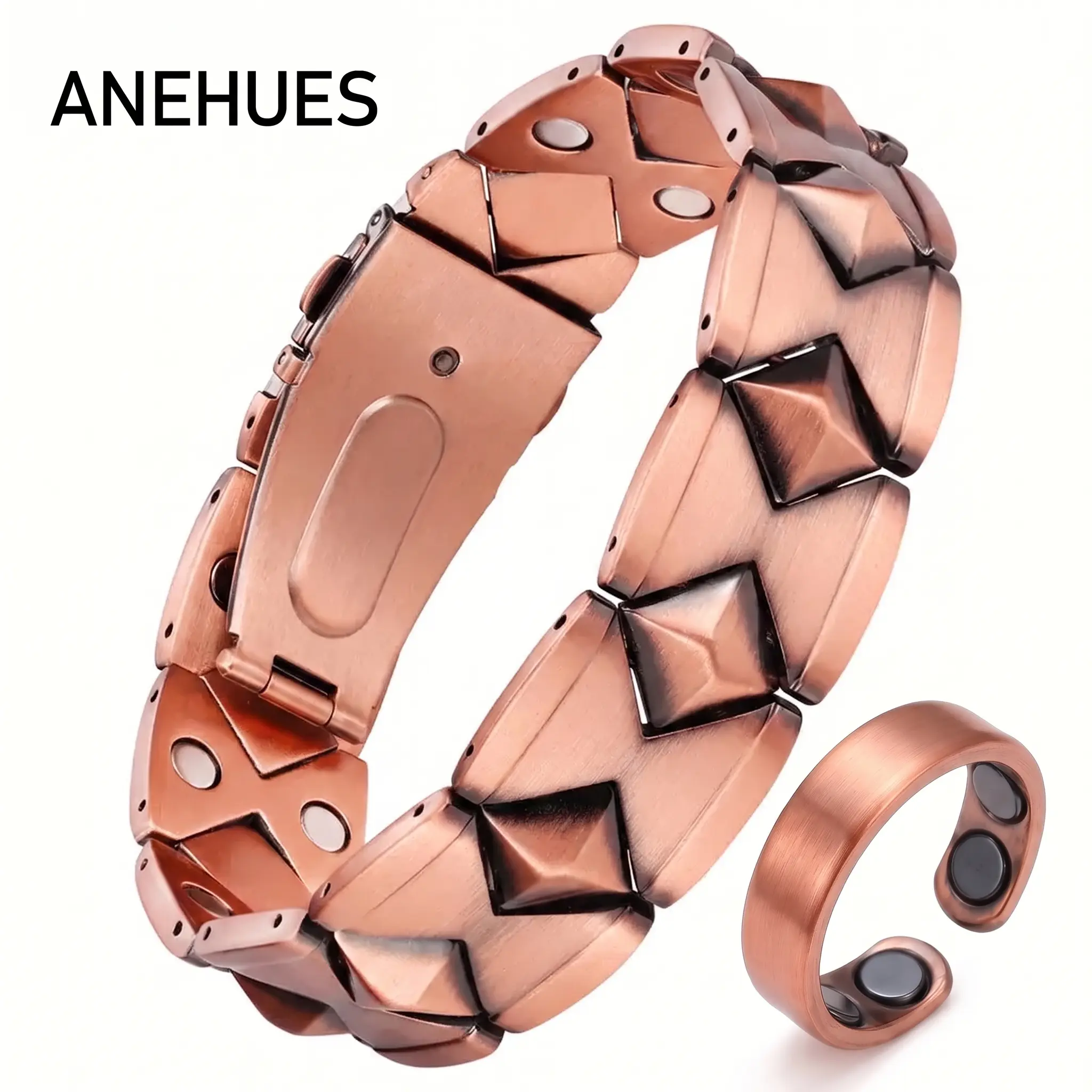 [Buy 1 Get 1] Anehues Magnetic Copper Bracelet & Copper Ring Gift Set for Men | 99.99% Pure Copper, 3800 Gauss, Adjustable Fit | Pulsera Magnética de Cobre y Anillo Ajustable